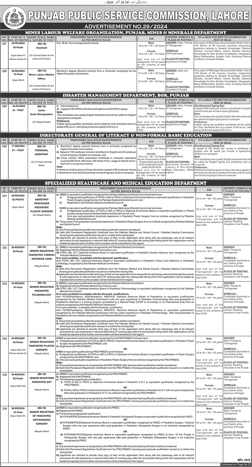 PPSC Jobs 2024 Advertisement No. 29/2024