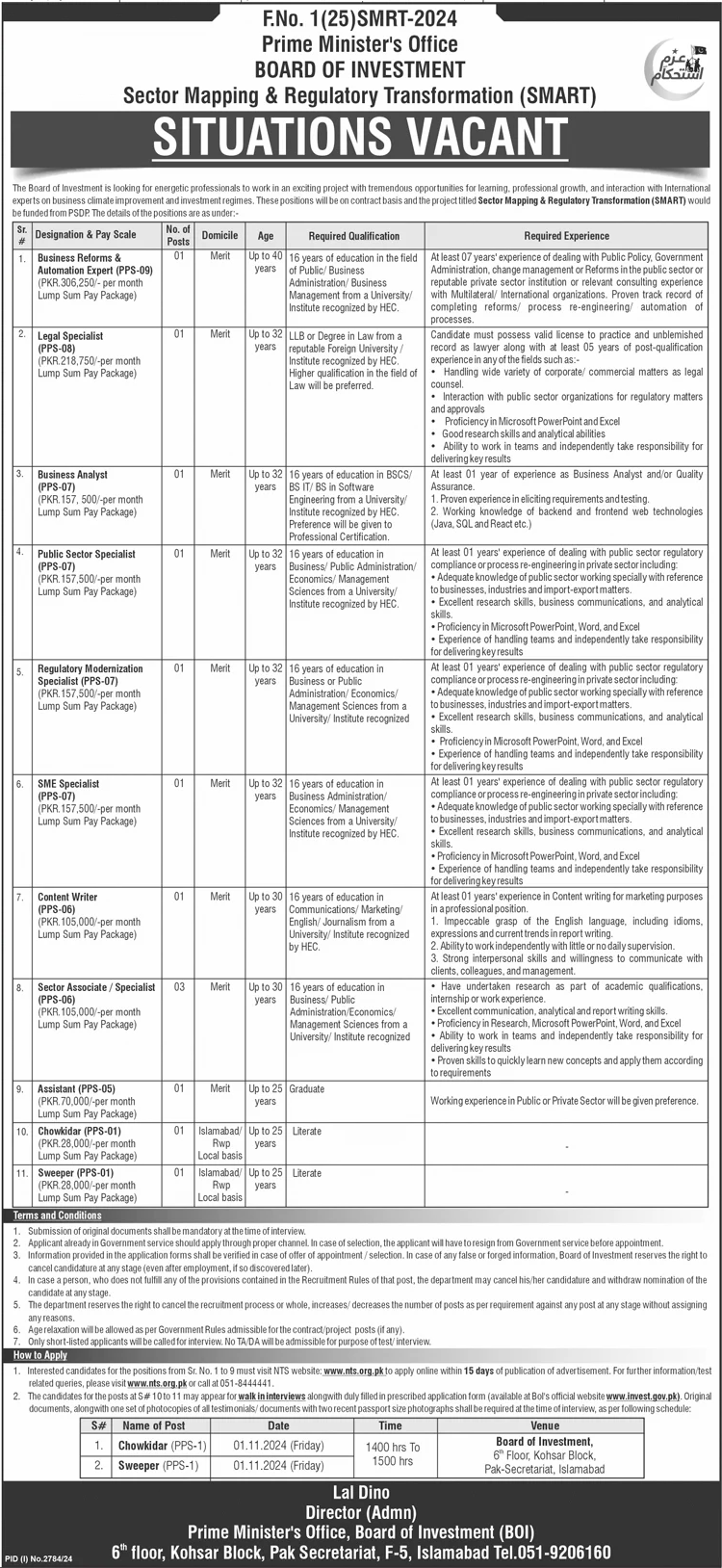 Prime Minister’s Office Board of Investment Jobs 2024 advertisement