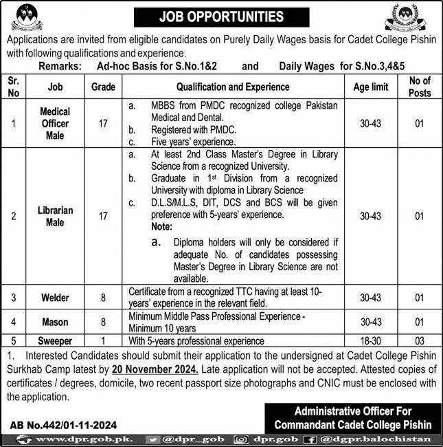 Cadet College Pashin jobs 2024