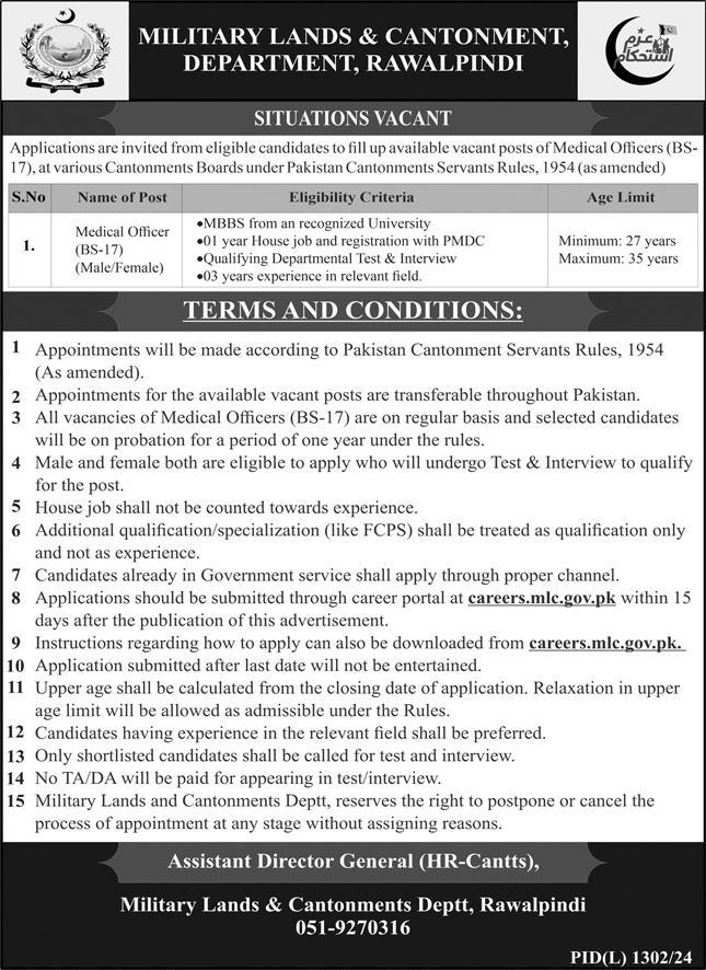 Military Lands Cantonment Department Rawalpindi Jobs 2024